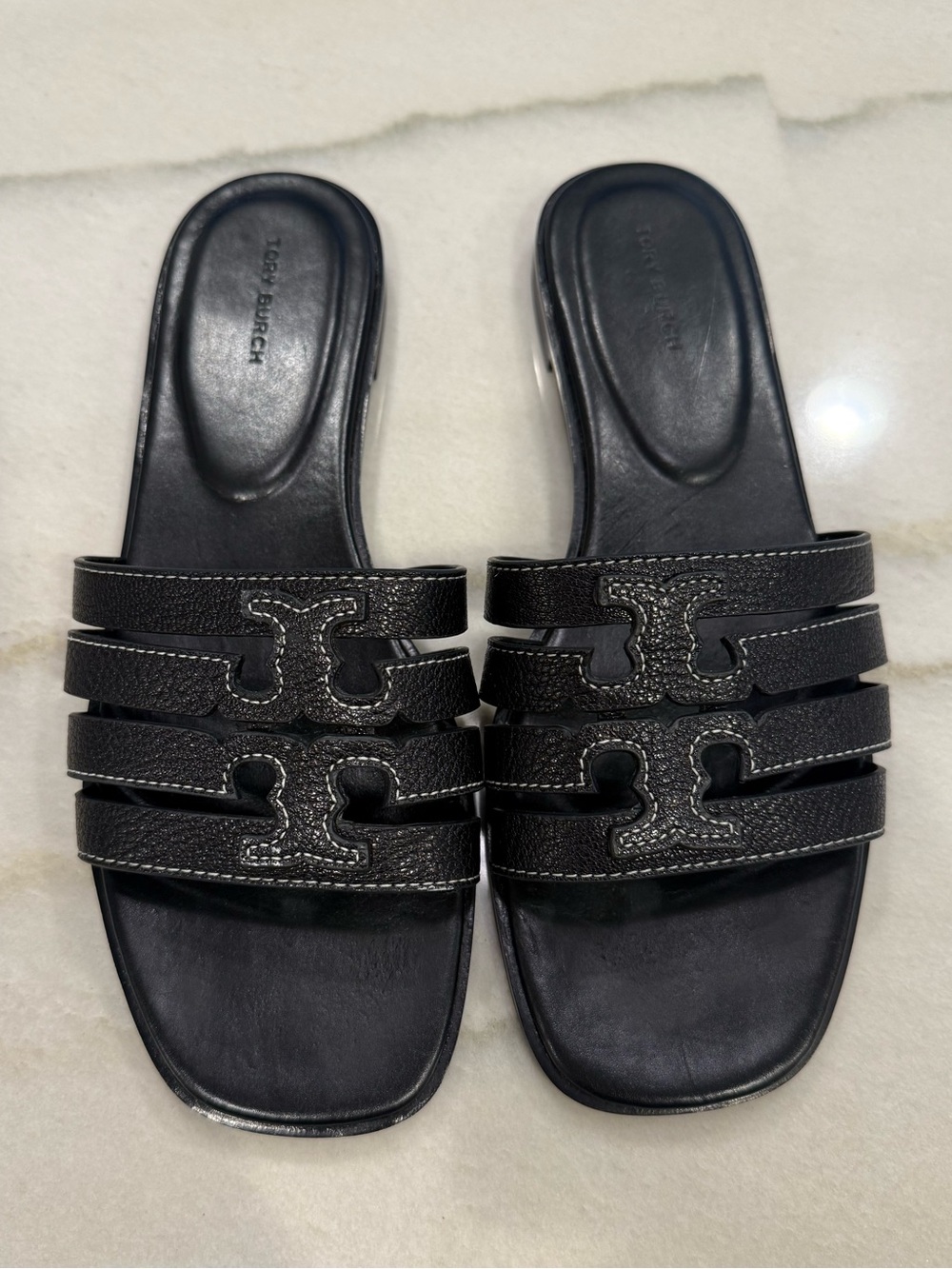 Tory Burch Ines Slide Womens Size 8 Black Leather Logo Sandals Flat Strappy
